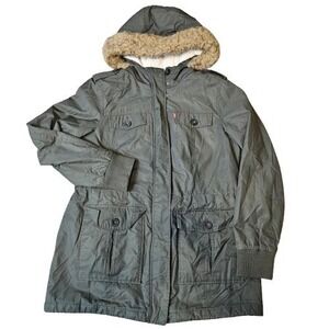 Levi's Sherpa Lined Parka Jacket Women's Large Army Green Faux Fur Hood Cinch